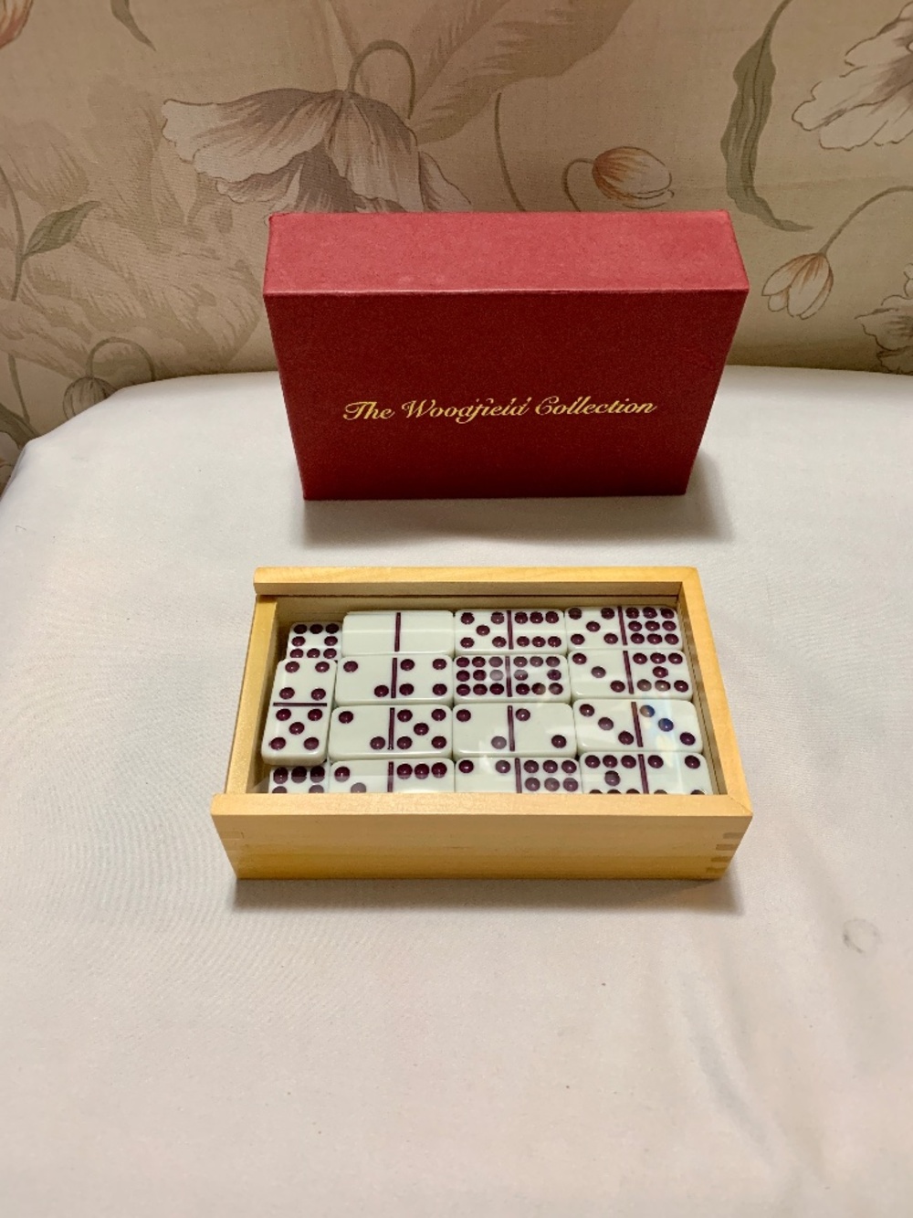 Woodfield Collection Double Nine Dominoes In Wooden Box with Beveled Glass Top